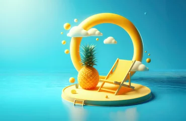 Fotobehang An artistic 3D rendering of a pineapple beside a beach chair, symbolizing leisure and happiness. The azure water and calm sky in the background add to the outdoor furnitures tranquil atmosphere © Tetiana