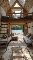 camping hut interior open to a natural landscape
