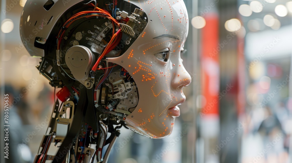 Poster a robot head with wires and electronics attached to it, ai