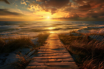 sunset on the beach, landscape with pier - Powered by Adobe