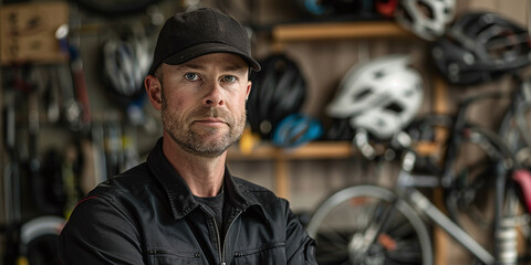 portrait male bicycle shop maintenance expert with workshop background, small business concept