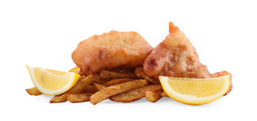 Tasty fish and chips with lemon isolated on white