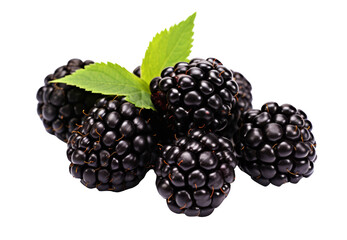Ripe group of blackberry fruit isolated on transparent background cutout, PNG file.