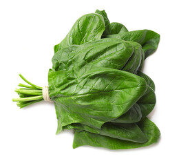 Bunch of fresh spinach leaves isolated on white, top view