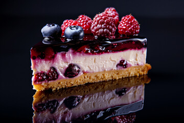  slice of cake with berries on dark background