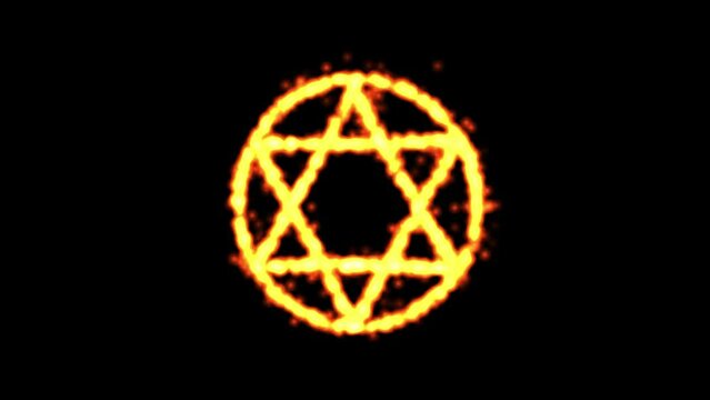 Spinning mystic chakra symbol with fire effect on plain black background