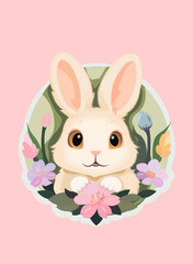 Cute rabbit with spring flowers on the pink background