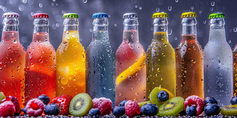 Lots of bottles of cold fruit water, tea or sodas with large drops of condensation on them. A refreshing drink