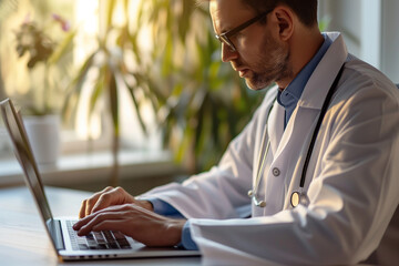 Doctor with white coat and stethoscope around his neck sits in the office at the computer laptop and does office work
