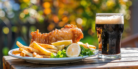 Delicious fish and chips on a wooden table in a street cafe in Ireland. Crispy fish in beer batter, fresh hot French fries and a glass of dark strong beer. Traditional Irish food - obrazy, fototapety, plakaty