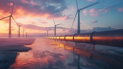 Hydrogen pipeline beside wind turbines, symbolizing sustainable fuel infrastructure, 4K realism - obrazy, fototapety, plakaty