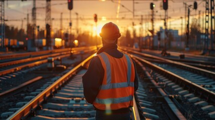 Safety-equipped engineer evaluates railway switch, focus on precision and standards, vivid 4K detail - obrazy, fototapety, plakaty