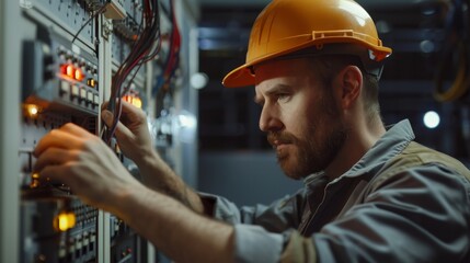 Skilled electrician at work on switchboard, cable connectivity in sharp detail, 4K realism - obrazy, fototapety, plakaty