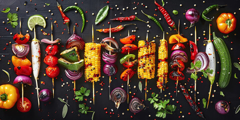 Crunchy Skewers vegetables grill food. Spicy party - obrazy, fototapety, plakaty