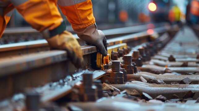 Close-up of engineer checking railway switch at station, safety first, construction standards met, in 4K