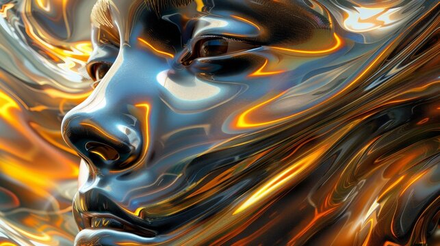 A close up of a face with gold and silver swirls, AI