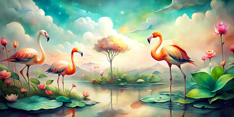 pink flamingo in the lake generative Ai - obrazy, fototapety, plakaty