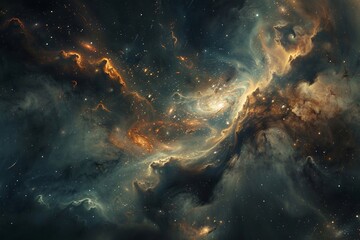 Fototapeta na wymiar Interstellar clouds in the galaxy with glowing nebulae and dark molecular clouds swirling amidst a cosmic sea.