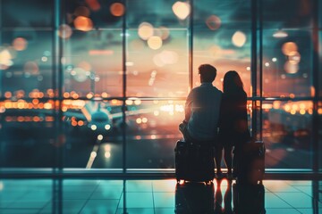 Silhouette of a young couple with their luggage waiting for their flight to departure at night