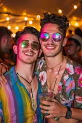 Two homosexual men couple are smiling and having fun at a weekend party while hugging and showing affection