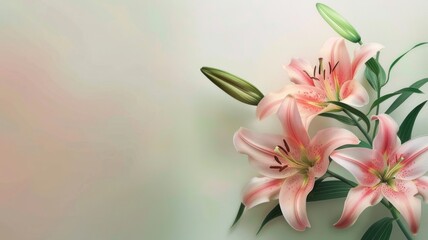 Delicate lilies on a soft neutral background - This serene composition showcases gentle pink lilies in bloom against a calm, neutral backdrop