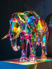 Colorful geometric illuminated elephant sculpture - This striking image showcases a multicolored, geometric patterned, illuminated elephant sculpture standing majestically