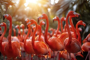 Flock of flamingos taking flight. Wings outstretched, a flock of flamingos creates a breathtaking aerial display. - obrazy, fototapety, plakaty