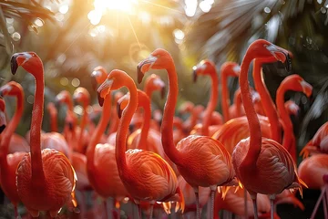 Keuken spatwand met foto Flock of flamingos taking flight. Wings outstretched, a flock of flamingos creates a breathtaking aerial display. © Stavros