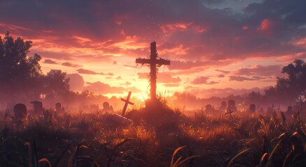 Eternal Rest: Old Grave with Cross in a Post-Apocalyptic Cemetery Under a Dusk Sky, Unreal Engine Artistry
 - obrazy, fototapety, plakaty