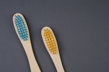 Two Wooden Toothbrushes With Yellow and Blue Bristles