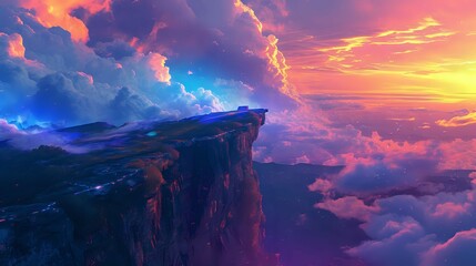 Vibrant Skies: Sunset Magic on the Mountain Ledge./n - obrazy, fototapety, plakaty