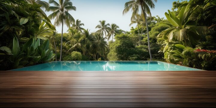 Low point view photography of a swimming pool surrounded with wooden floor and tropical trees