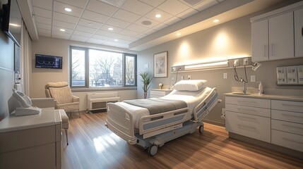 Comfortable hospital room with patient bed and modern medical equipment. Private healthcare facility designed for patient care and recovery. Cozy interior with a view and professional services. - Powered by Adobe