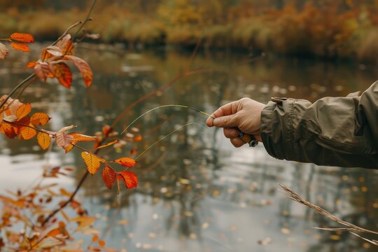 Fishing rod being held by the hand of a mid adult man.. Beautiful simple AI generated image in 4K, unique.