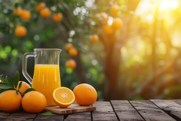 Orange juice in a jar and oranges on a rustic table in a sunny garden with blurred background