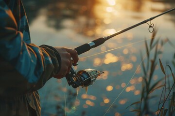 Picture of the fishing rod at the lake. Beautiful simple AI generated image in 4K, unique. - obrazy, fototapety, plakaty