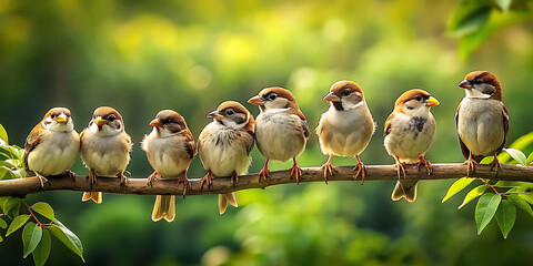 A close-up image of a sparrow family perched on a tree branch - generative Ai