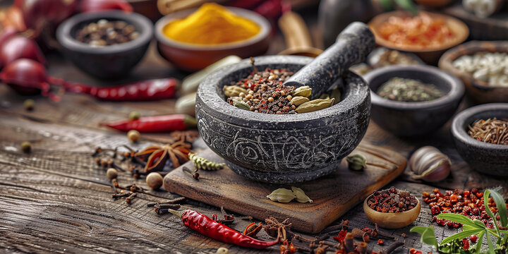 Traditional Chinese medicine with herbs and spices on a brown wooden background, mortar and pestle, for medicine advertising