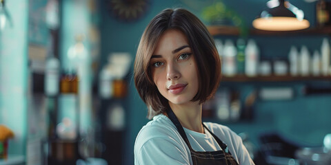 stylish female hairdresser in an apron on the background of a hairdressing salon, small business concept