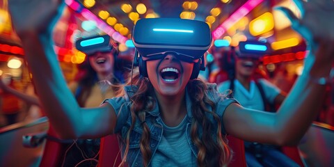 Joyful Friends on a Virtual Reality Roller Coaster Ride