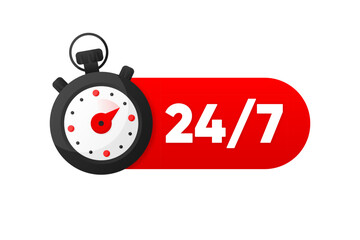 24 7 Service. Support Service concept. Call icon. Phone Support 24 hours a day and 7 days a week. Stopwatch icon. Vector illustration.
