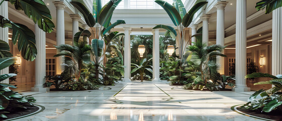 Indoor Garden with Architecture and Greenery, Spacious Hall with Natural Light, Modern Botanical Interior