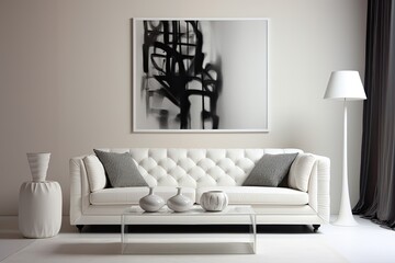 Modern white sofa in the middle of the room, trendy living room design. Picture on the wall, floor lamp