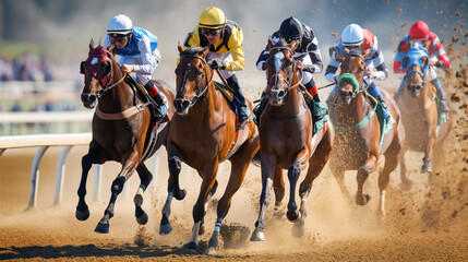A group of jockeys are racing on a track. The horses are brown and white. The jockeys are wearing colorful outfits - obrazy, fototapety, plakaty