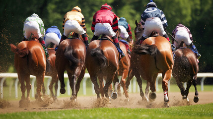 A group of jockeys are racing on a track. The horses are brown and white. The jockeys are wearing colorful outfits