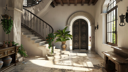 Fototapeta na wymiar Luxurious interior of a house entrance with a staircase and indoor plants