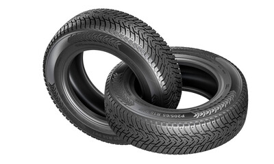 Stack of new car tires on white background
