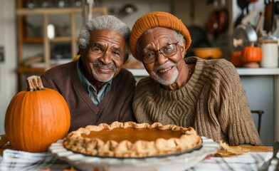 African american elderly couple with a large pumpkin pie in a light  rustic kitchen. The concept of autumn seasonal pumpkin desserts. Autumn family tradition.