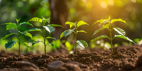 green seedlings growing in the soil with a bright sun in the background Plant,Seedlings grow in soil with sunlight Planting trees to reduce global warming  - obrazy, fototapety, plakaty