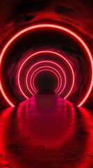 A mesmerizing crimson neon tunnel with concentric circular arches that seem to draw the viewer into an endless, vortex-like passage.